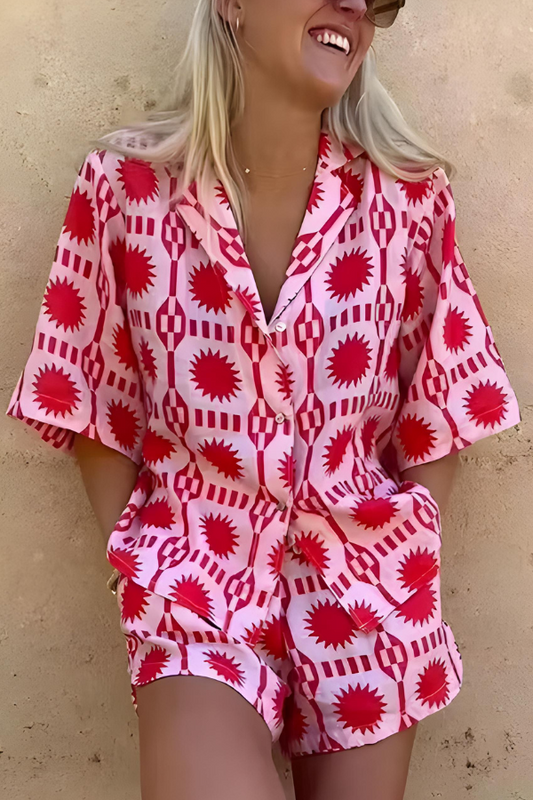MARISSE – CONJUNTO DE CAMISA Y PANTALONES CORTOS ESTILO PLAYA IMPRESA
