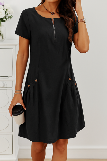 Rudina - Elegante Vestido de Algodón de Manga Corta con Bolsillos