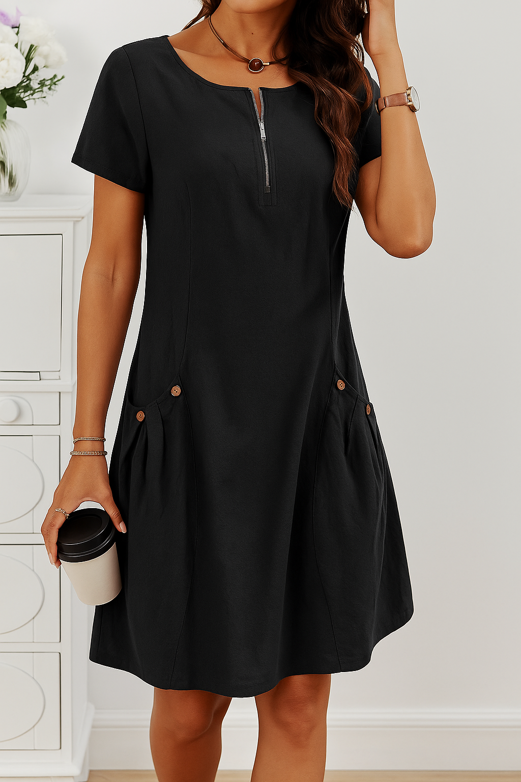 Rudina - Vestido de Algodón Elegante de Manga Corta con Bolsillos