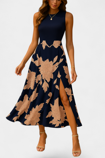 Raquel Vestido con Top de Punto y Falda Floral con Abertura