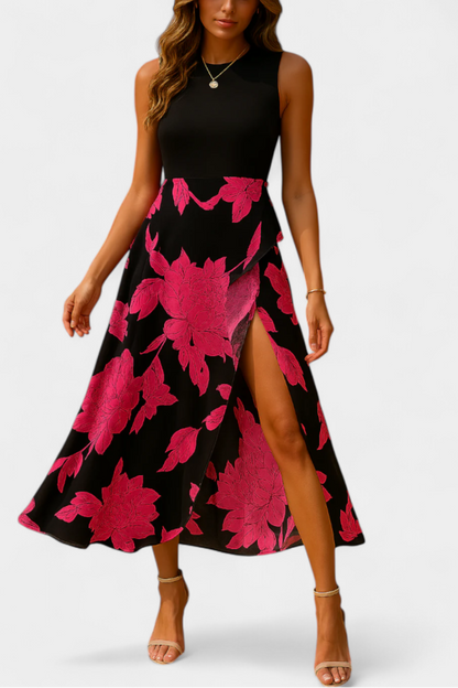 Raquel Vestido con Top de Punto y Falda Floral con Abertura