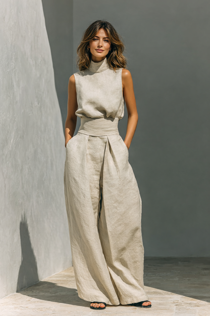 María - Conjunto de top y pantalones anchos de algodón y lino minimalista para mujer