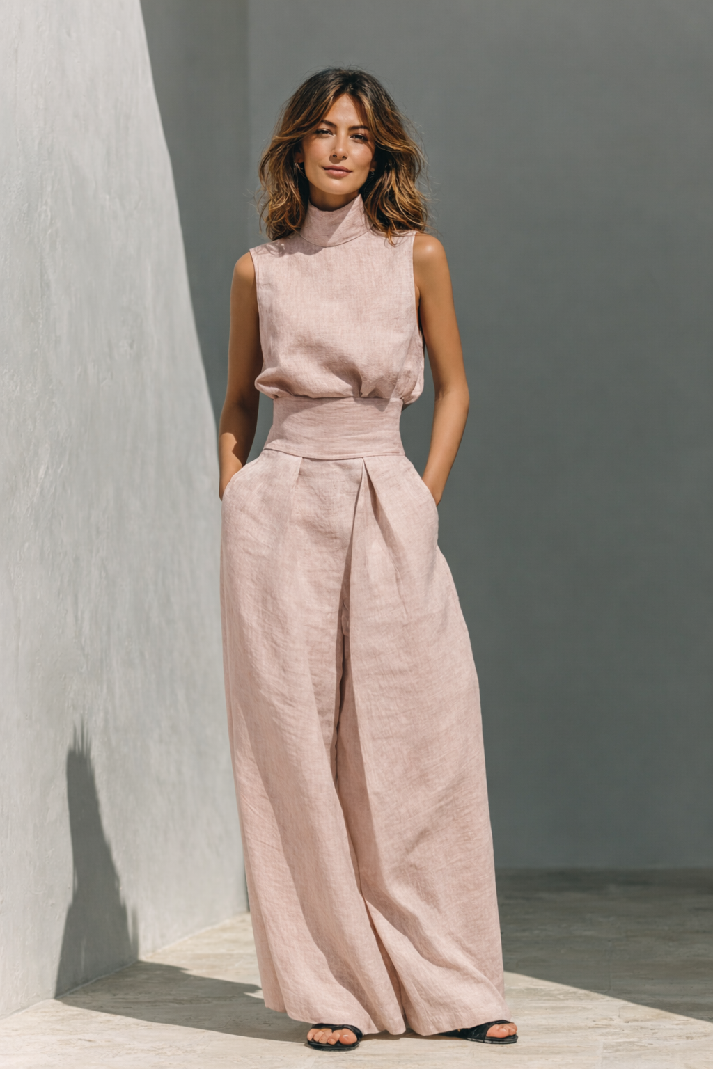 María - Conjunto de top y pantalones anchos de algodón y lino minimalista para mujer