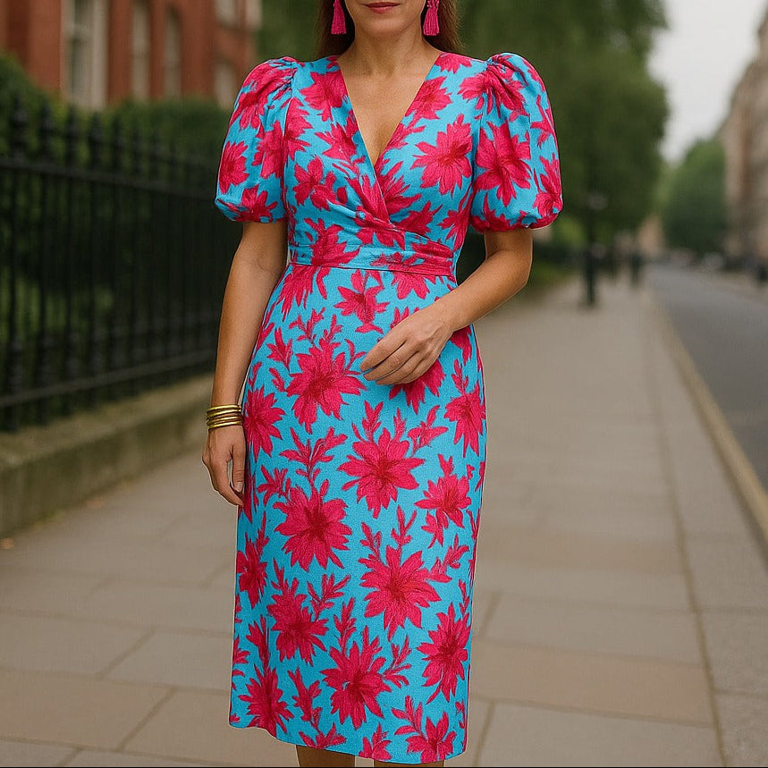 Robe Midi Elegante con Mangas Voluminosas