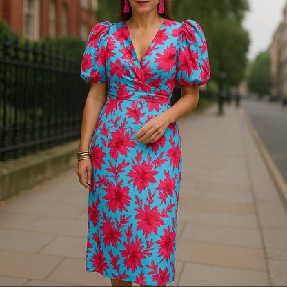 Robe Midi Elegante con Mangas Voluminosas