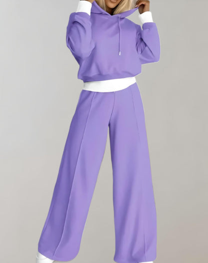 Conjunto de mujer de dos piezas – Sudadera corta con capucha y pantalones de pierna ancha