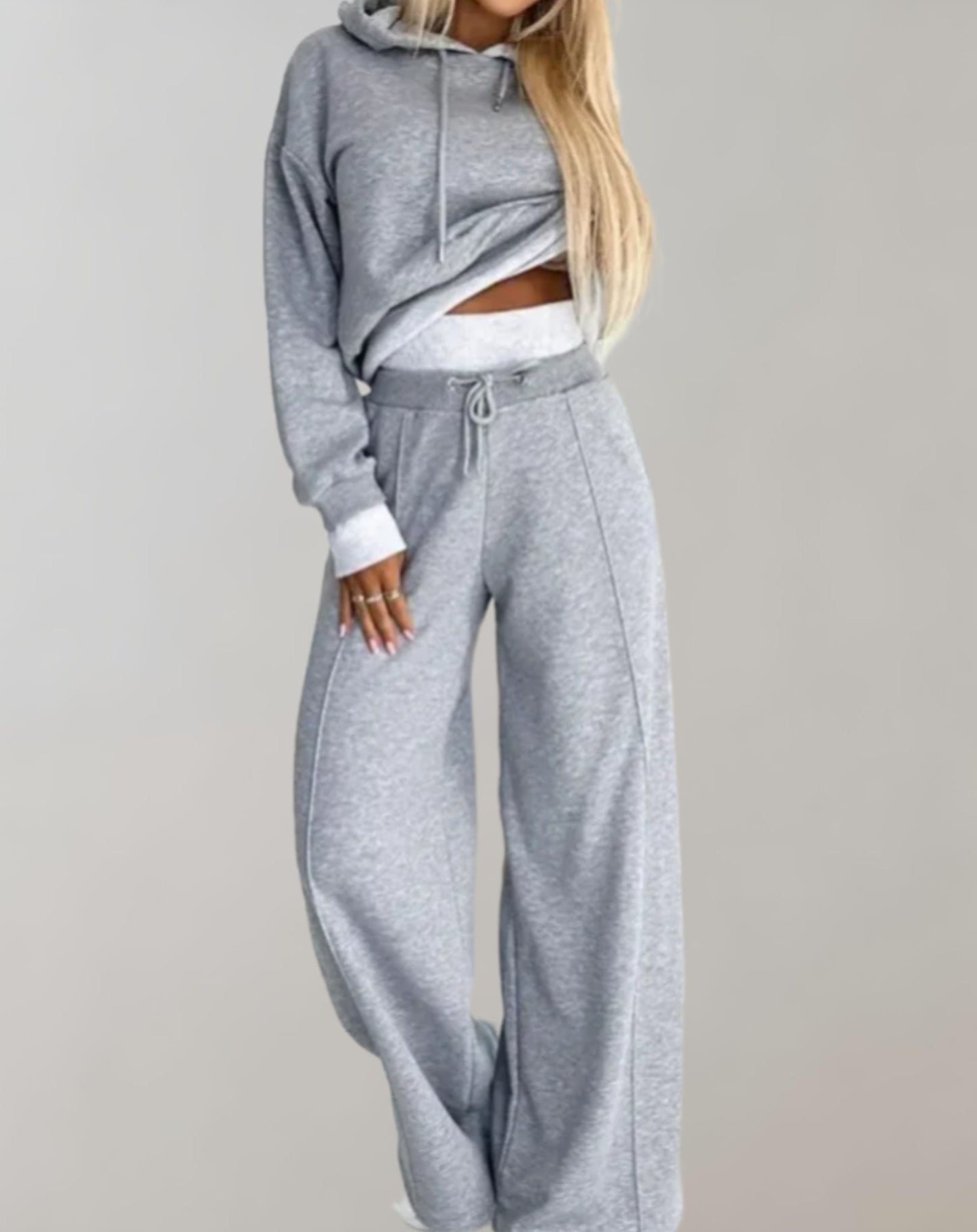 Conjunto de mujer de dos piezas – Sudadera corta con capucha y pantalones de pierna ancha