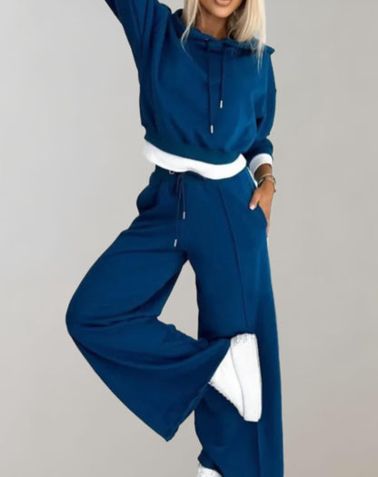 Conjunto de mujer de dos piezas – Sudadera corta con capucha y pantalones de pierna ancha