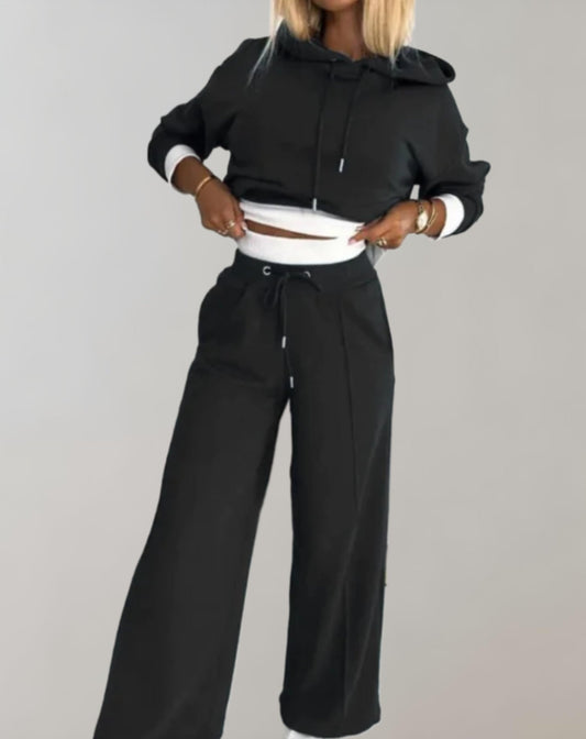 Conjunto de mujer de dos piezas – Sudadera corta con capucha y pantalones de pierna ancha