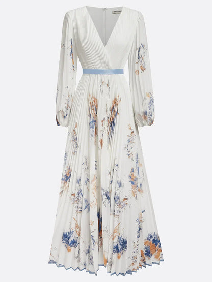 Halston - Elegante Vestido Maxi con Mangas Abullonadas y Escote en V