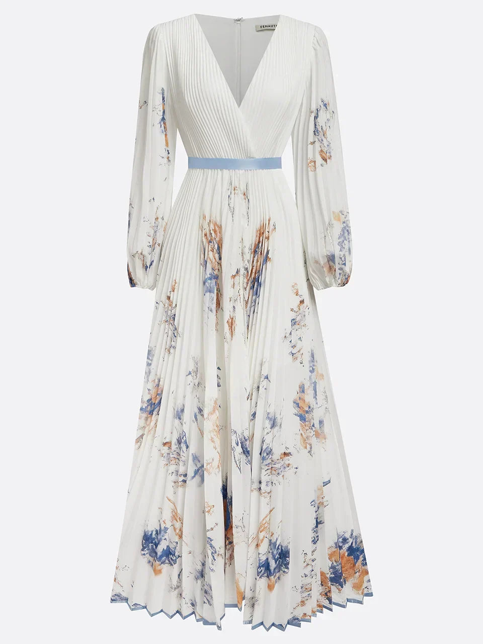 Halston - Elegante Vestido Maxi de Manga Abullonada y Escote en V