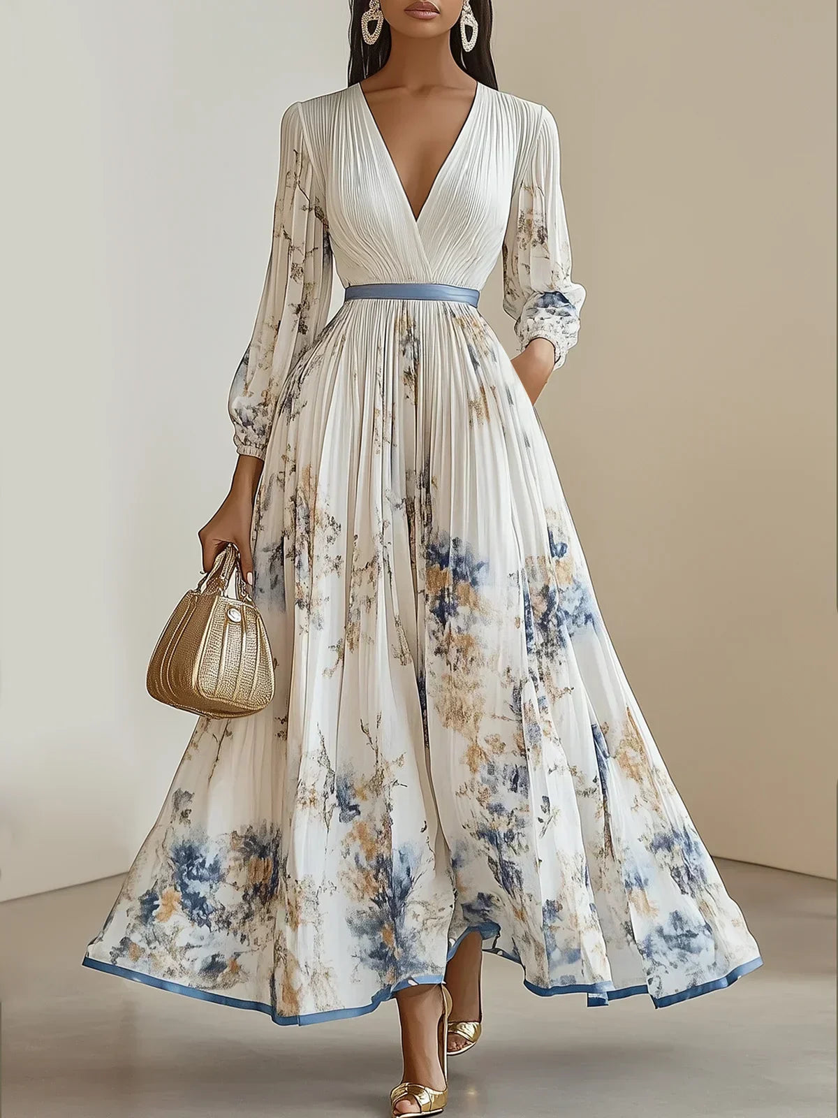 Halston - Elegante Vestido Maxi de Manga Abullonada y Escote en V