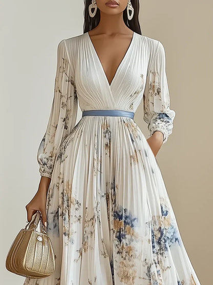 Halston - Elegante Vestido Maxi de Manga Abullonada y Escote en V