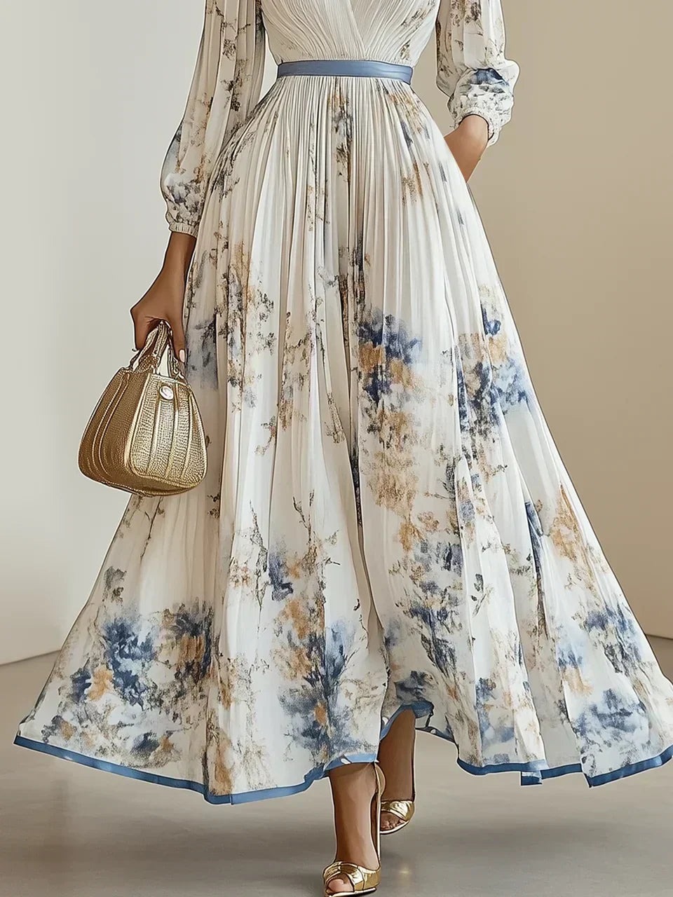 Halston - Elegante Vestido Maxi con Mangas Abullonadas y Escote en V