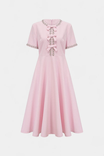 Linda Vestido Midi Acampanado con Lazo de Cristal