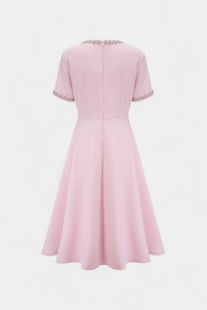 Linda Vestido Midi Acampanado con Lazo de Cristal