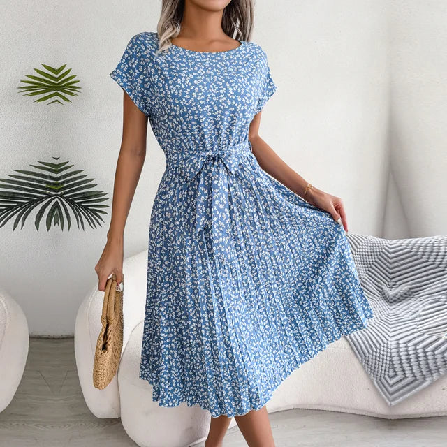 Vestido Midi Plisado de Manga Corta para Mujer con Cinturón en la Cintura