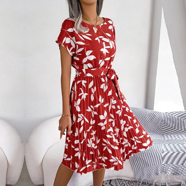 Vestido Midi Plisado de Manga Corta para Mujer con Cinturón en la Cintura