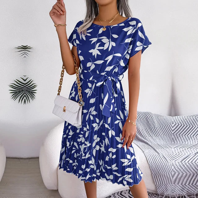 Vestido Midi Plisado de Manga Corta para Mujer con Cinturón en la Cintura