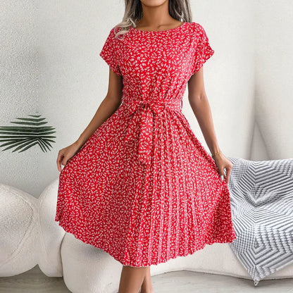 Vestido Midi Plisado de Manga Corta para Mujer con Cinturón en la Cintura