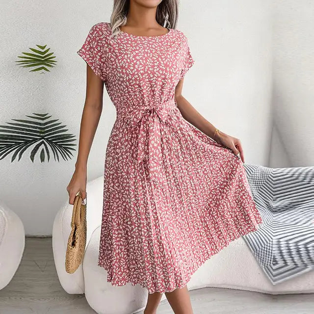 Vestido Midi Plisado de Manga Corta para Mujer con Cinturón en la Cintura