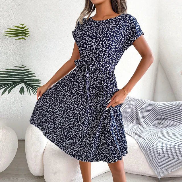 Vestido Midi Plisado de Manga Corta para Mujer con Cinturón en la Cintura