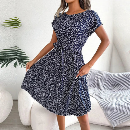 Vestido Midi Plisado de Manga Corta para Mujer con Cinturón en la Cintura