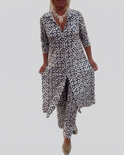 Sara | Conjunto de Túnica con Estampado Geométrico Bohemio y Pantalones de Pierna Ancha