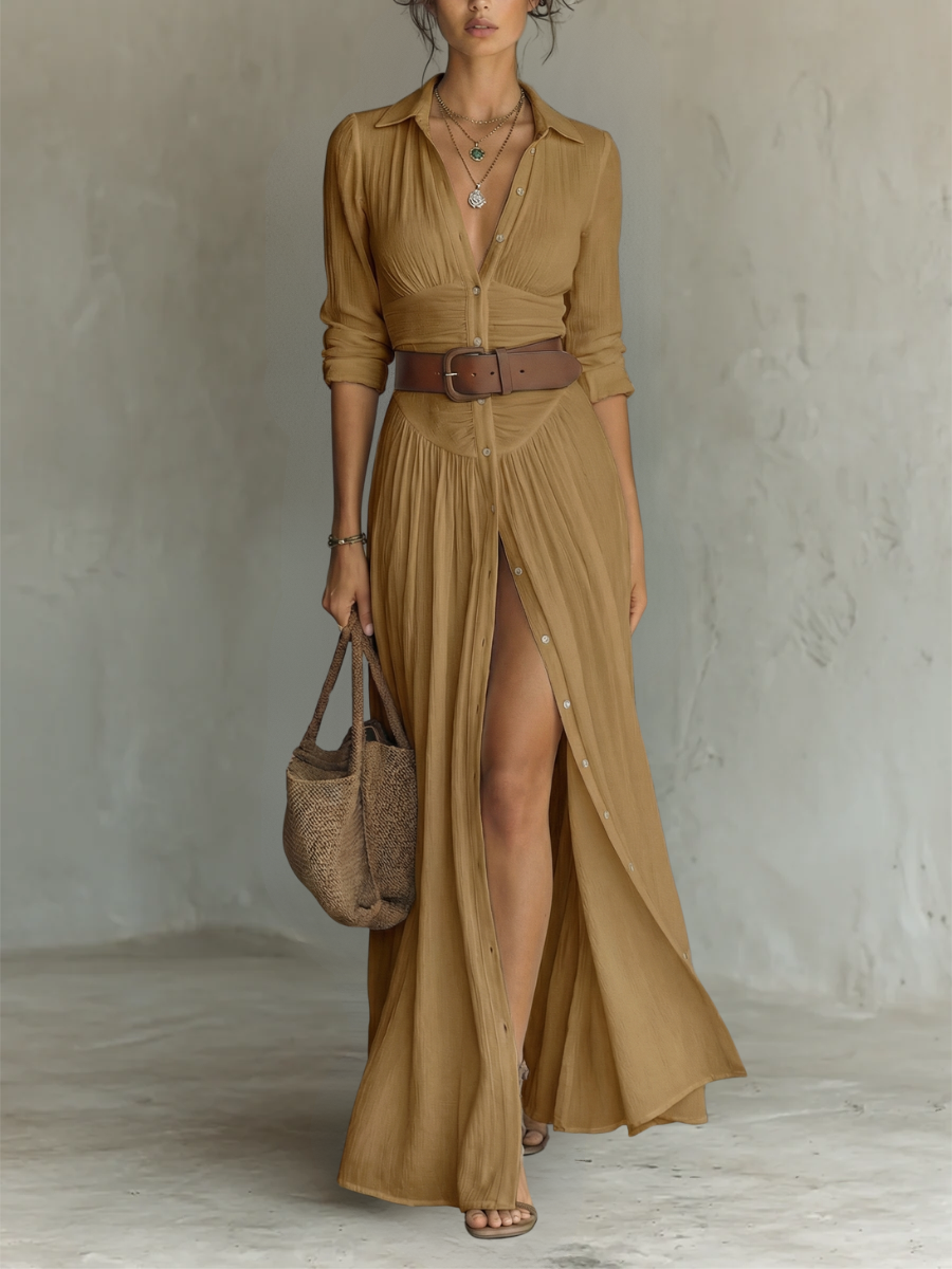 Abito Maxi Elegante con Collo a Revers e Maniche Lunghe in Lino-Cotone
