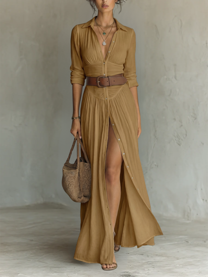 Vestido Maxi Largo con Cuello y Mangas Largas de Lino para Mujer