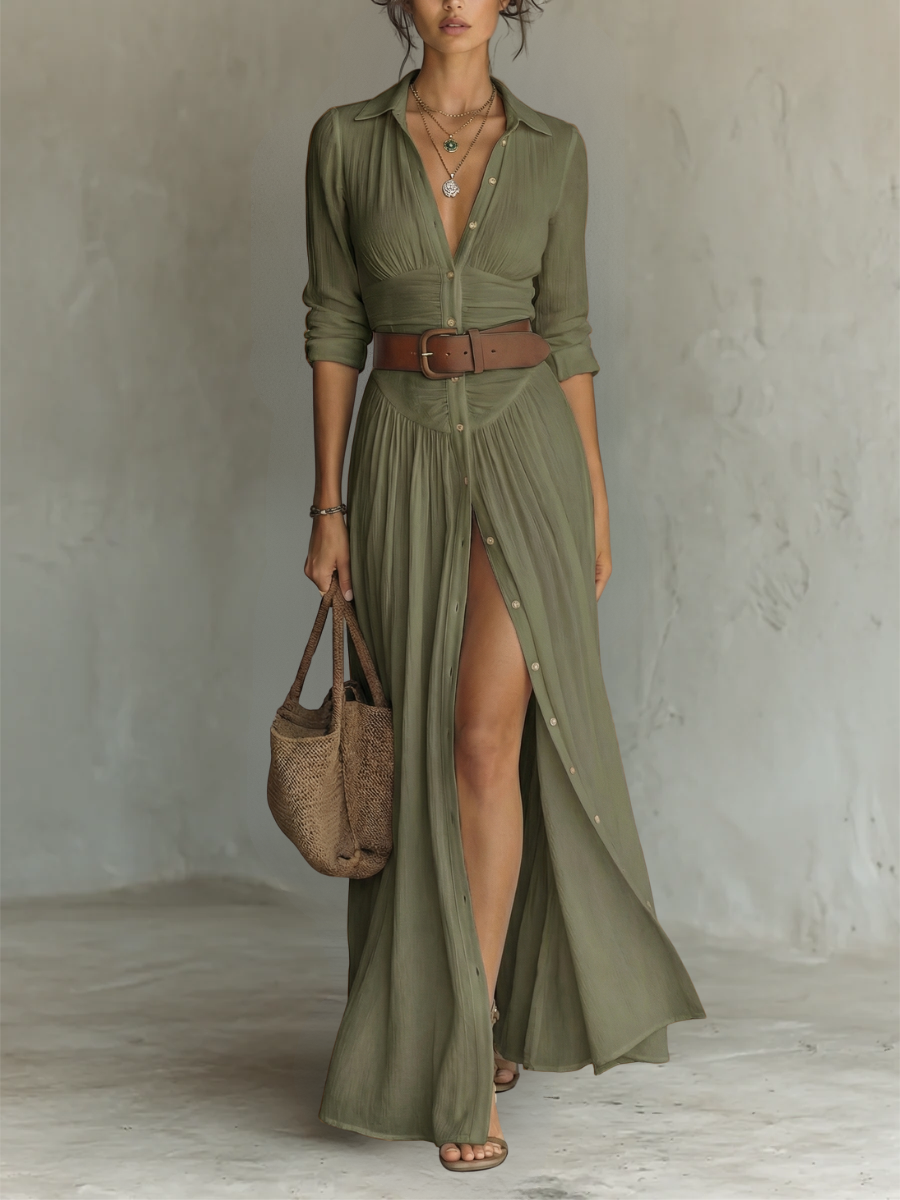 Vestido Maxi Largo con Cuello y Mangas Largas de Lino para Mujer