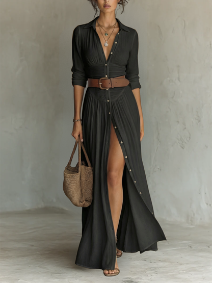 Vestido Maxi Largo con Cuello y Mangas Largas de Lino para Mujer