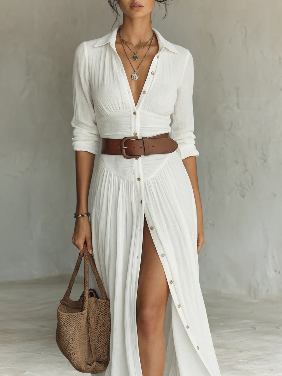 Abito Maxi Elegante con Collo a Revers e Maniche Lunghe in Lino-Cotone