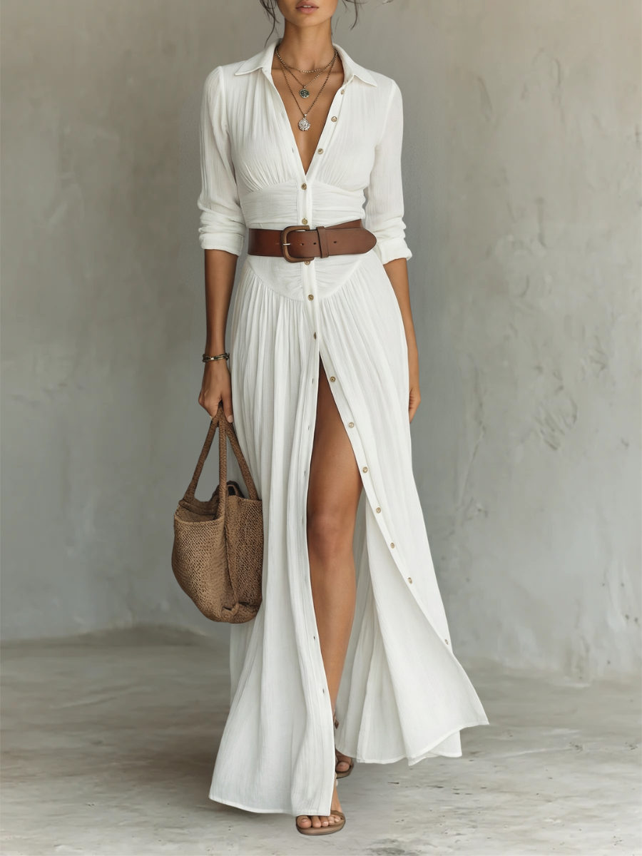 Vestido Maxi Largo con Cuello y Mangas Largas de Lino para Mujer