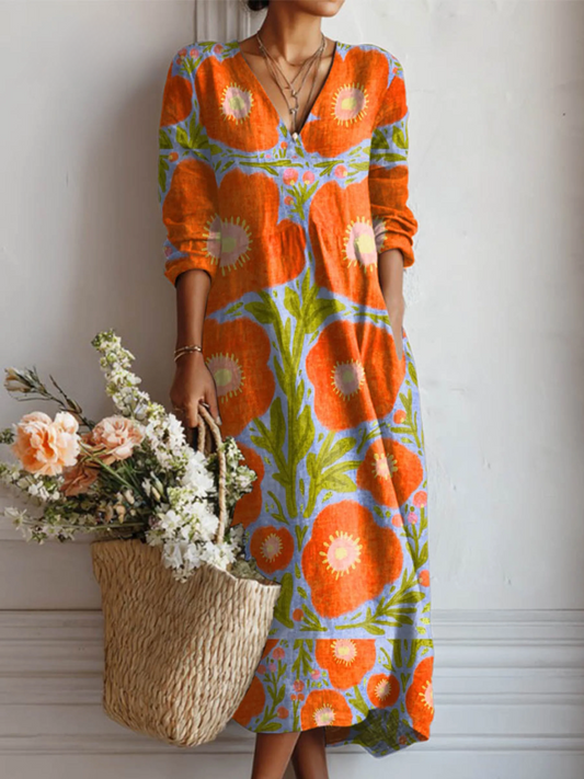 OTOÑO – VESTIDO MÁXIMO ARTÍSTICO CON ESCOTE EN V Y ESTAMPADO FLORAL