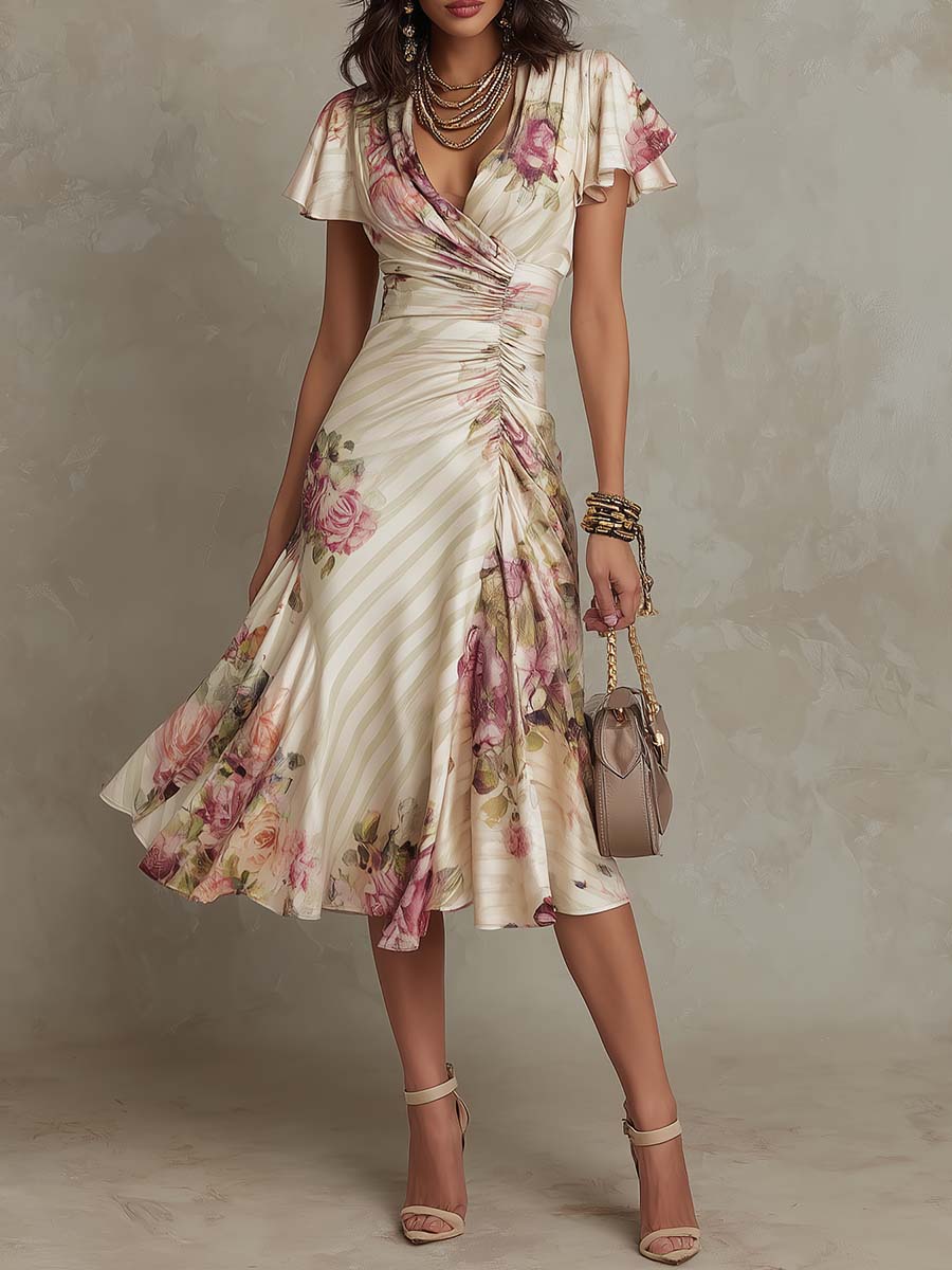 Alba | Elegante Vestido Midi Drappeado con Flores