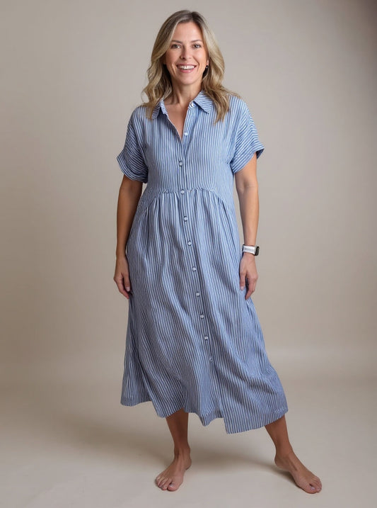 MADELINE – VESTIDO MIDI RELAJADO CON BOTONES A RAYAS
