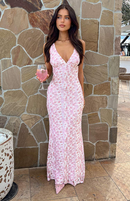 Farida - Vestido Maxi de Encaje Rosa