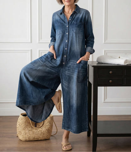 Saylor - Pantalón de Tirantes de Denim de Algodón Lavado Vintage con Cierre de Botón