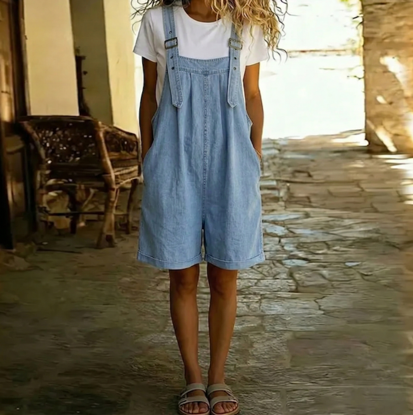 Michelle - Pantalón salopette en denim suave lavado vintage azul claro