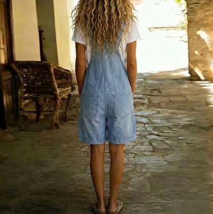 Michelle - Pantalón salopette en denim suave lavado vintage azul claro