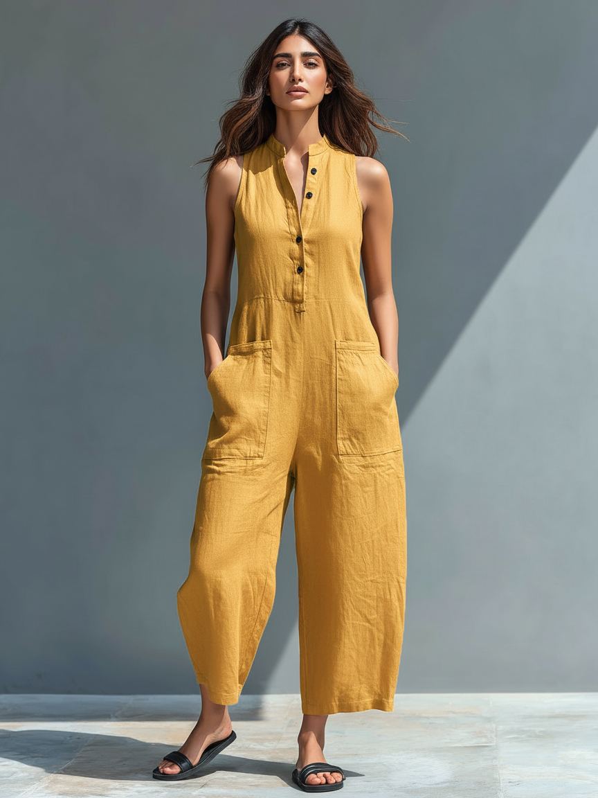 Pantalón sin mangas de mezcla de lino con cuello alto y botones para mujeres
