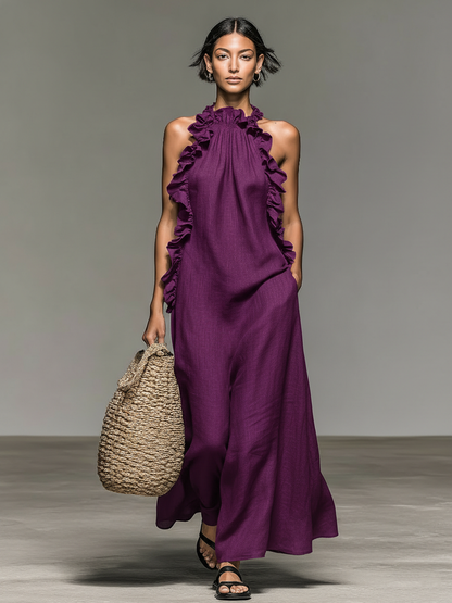 Vestido Maxi Sin Mangas en Mezcla de Lino Minimalista para Mujer con Detalles de Volantes