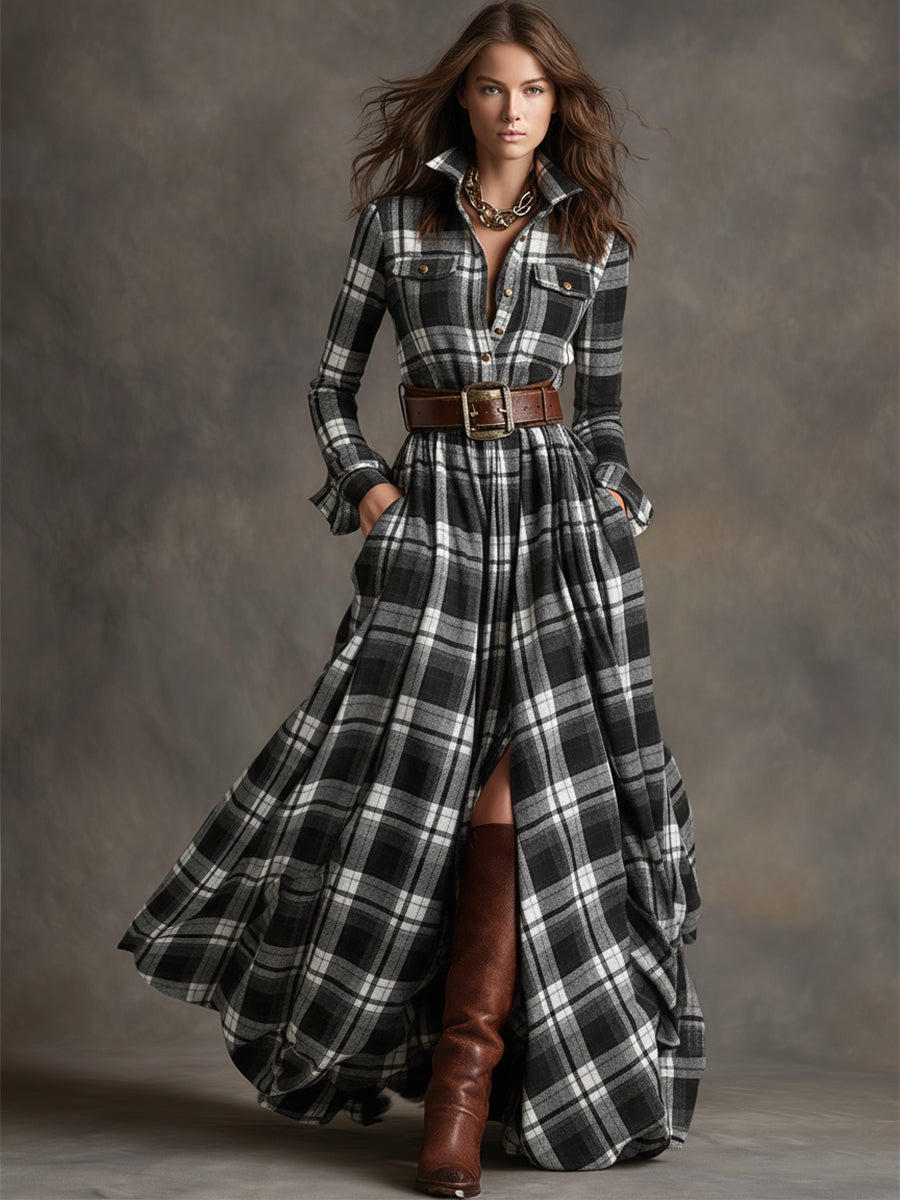 Giulia - Vestido largo de cuadros en marrón rojizo con cuello y estilo étnico retro