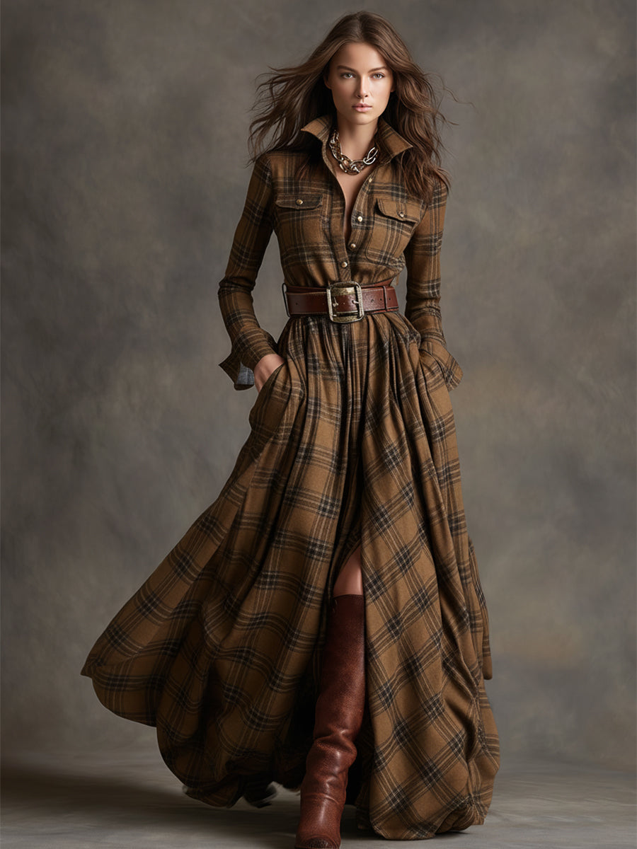 Giulia - Vestido largo de cuadros en marrón rojizo con cuello y estilo étnico retro