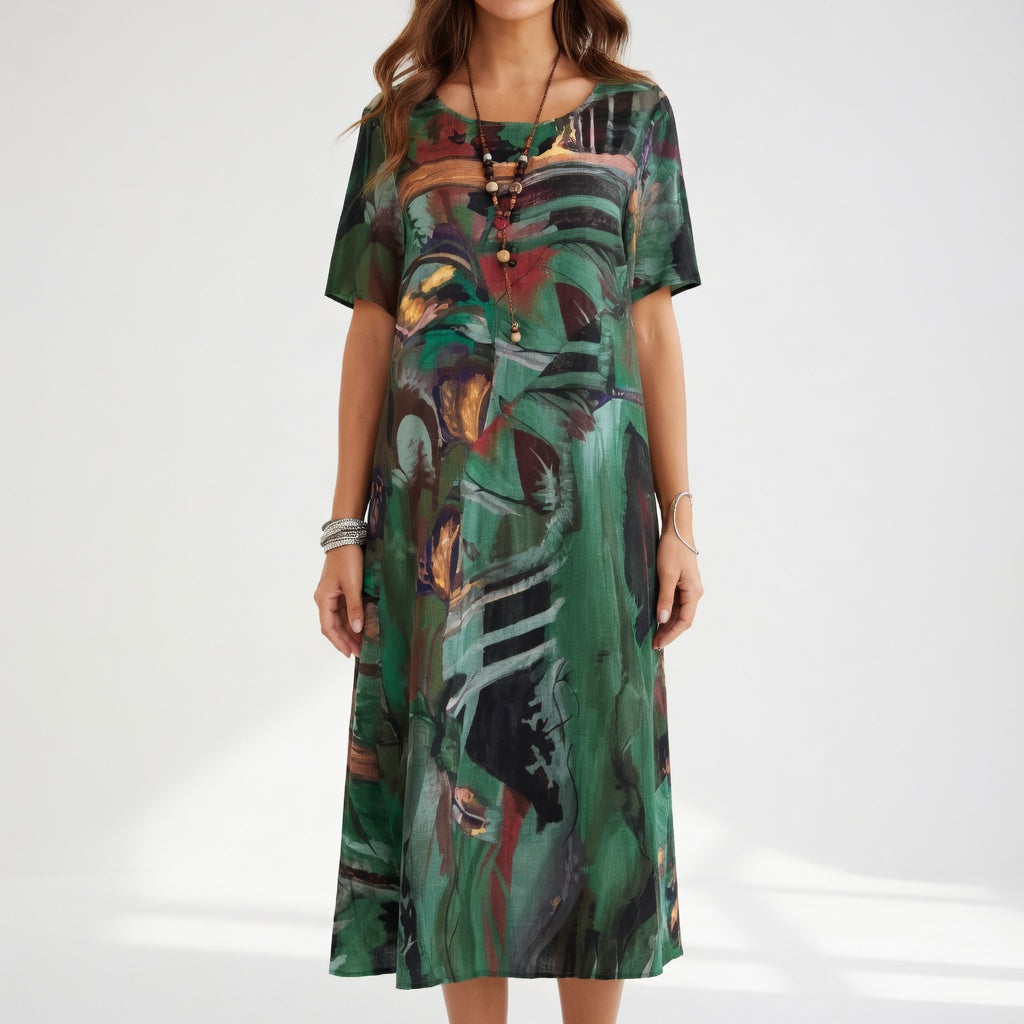 Vestido largo fluido con estampado artístico — Elegancia bohemia de verano