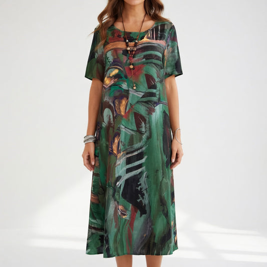 Vestido largo fluido con estampado artístico — Elegancia bohemia de verano