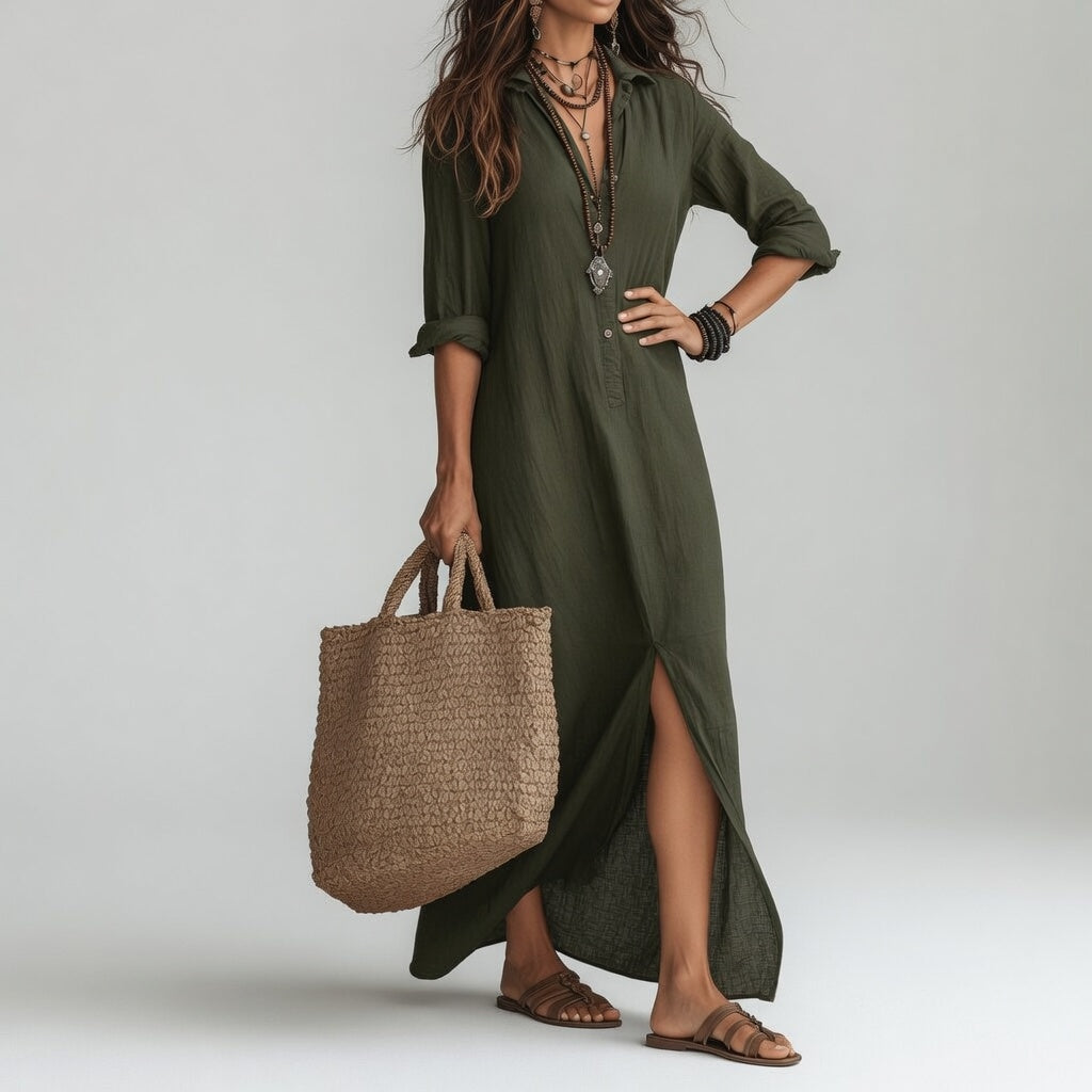 Vestido largo de camisa oversize bohemio - Algodón puro fluido y atemporal