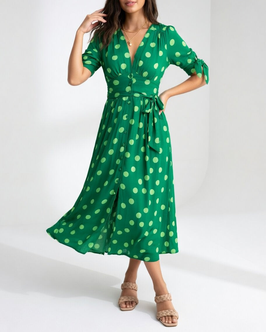 Vestido Midi de Lunares - Elegancia Atemporal para Mujer