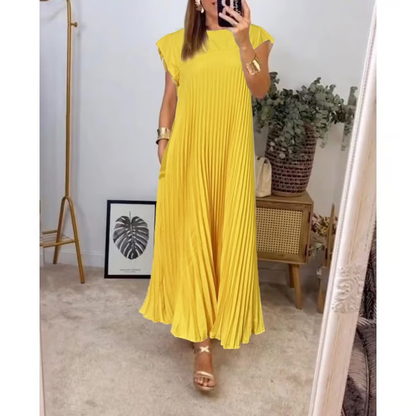 Vestido Maxi Plisado de Manga Corta para Mujeres